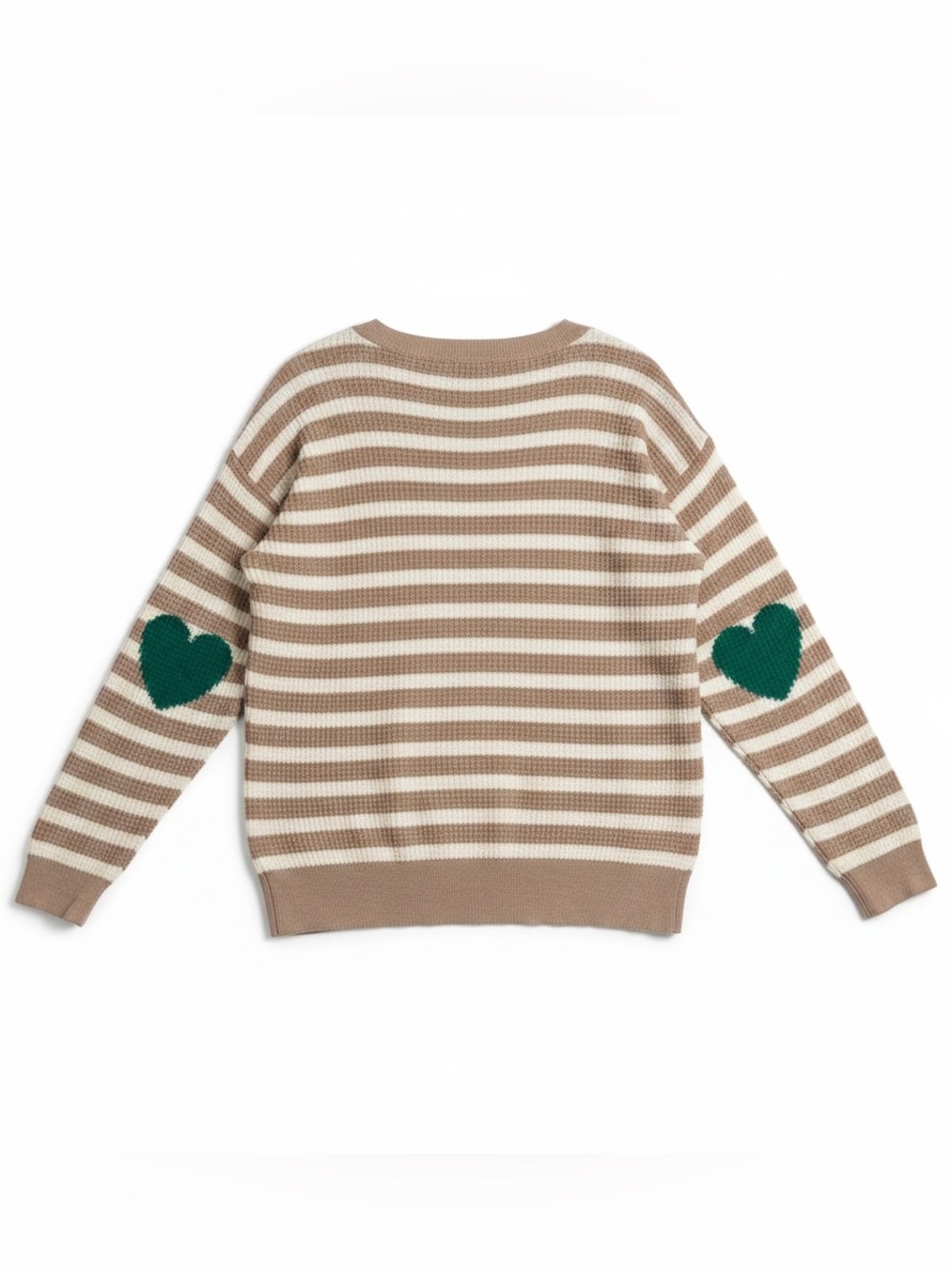 J. Crew Beige and Cream Striped Crewneck Sweater with Green Heart Elbow Patch - Picture 3 of 5